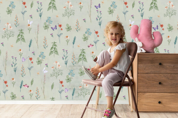 French Meadow Wallpaper with green Benjamine Moore background