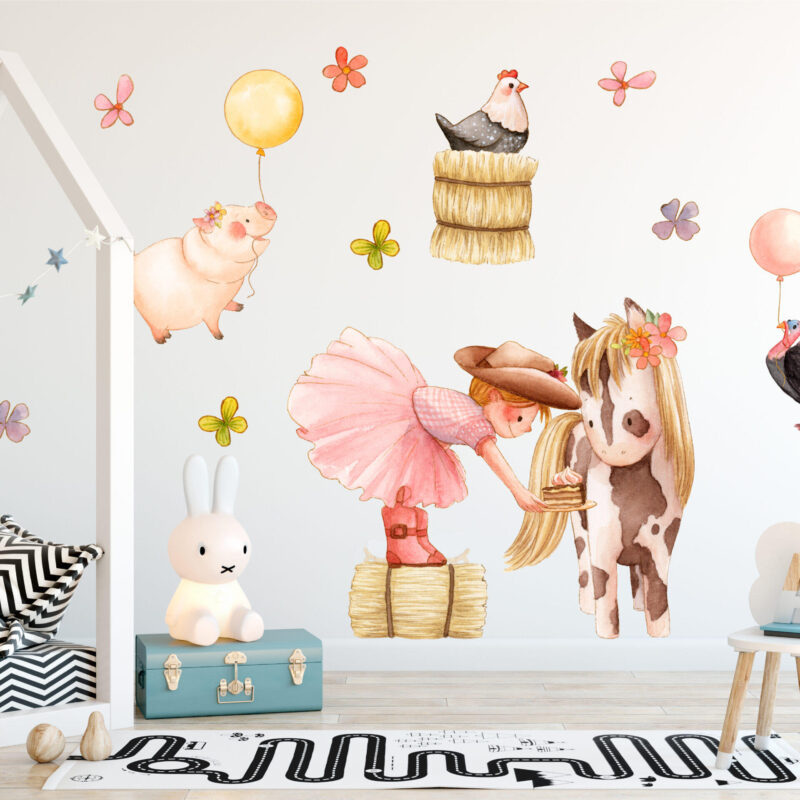Cowgirl Farm Wall Decal | Watercolor Nursery Sticker | Peel & Stick