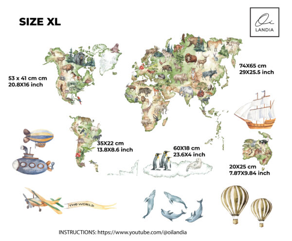 Animals World Map Wall Decal for Kids Room | Educational World Map Wall Sticker | Oilandia