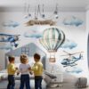 Custom name nursery wall decal with watercolor hot air balloon and airplane
