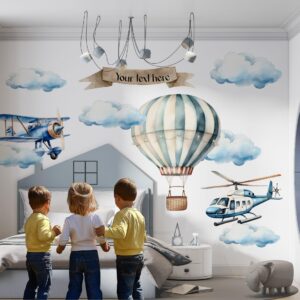 Custom name nursery wall decal with watercolor hot air balloon and airplane