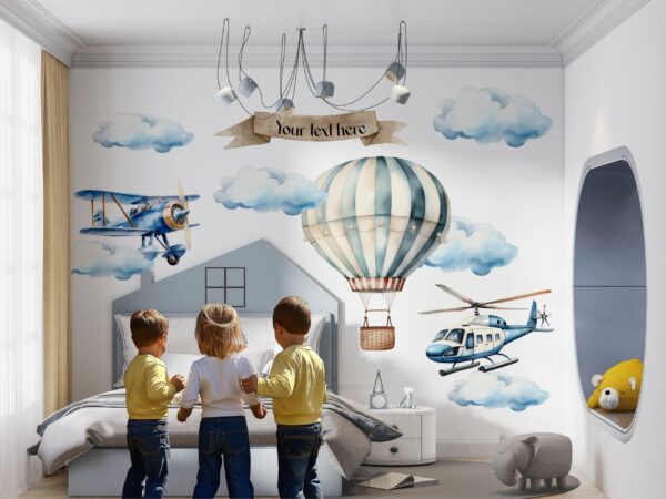Custom name nursery wall decal with watercolor hot air balloon and airplane