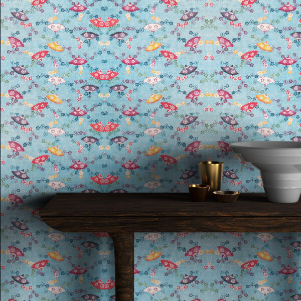 Japanese Flower Art Wallpaper Mural: Blue Floral Wallpaper