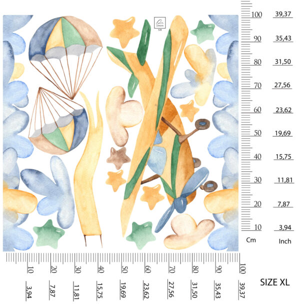 Watercolor Airplane Wall Decal Parachutes Clouds Fabric Stickers Kids Room Nursery Decor