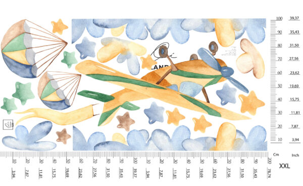 Watercolor Airplane Wall Decal Parachutes Clouds Fabric Stickers Kids Room Nursery Decor
