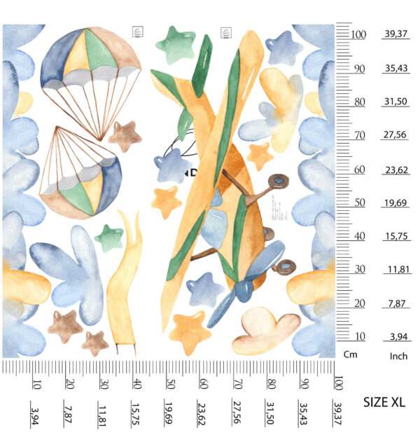 Watercolor Airplane Wall Decal Parachutes Clouds Fabric Stickers Kids Room Nursery Decor