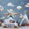 Detailed watercolor airship and vintage airplane nursery wall stickers with clouds