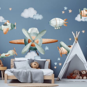 Detailed watercolor airship and vintage airplane nursery wall stickers with clouds