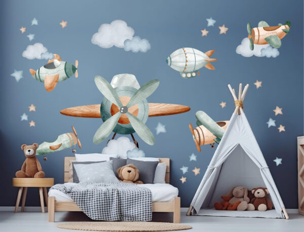 Detailed watercolor airship and vintage airplane nursery wall stickers with clouds