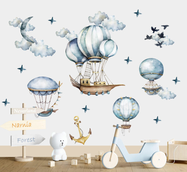 Detailed watercolor vintage hot air balloon and clouds wall sticker for kids