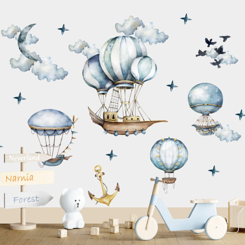 Detailed watercolor vintage hot air balloon and clouds wall sticker for kids