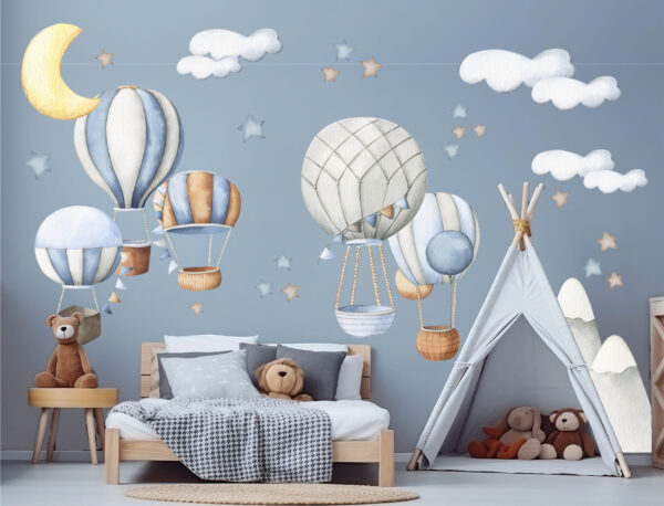 Detailed watercolor vintage hot air balloons and clouds nursery wall decals