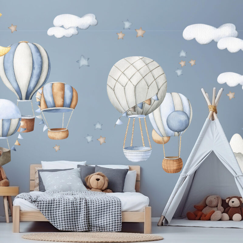 Detailed watercolor vintage hot air balloons and clouds nursery wall decals