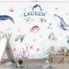 Watercolor blue whale and jumping dolphin nursery wall stickers with bubbles