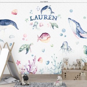 Watercolor blue whale and jumping dolphin nursery wall stickers with bubbles