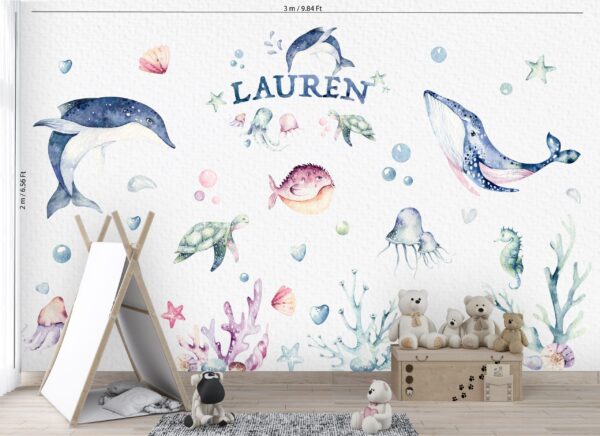 Watercolor blue whale and jumping dolphin nursery wall stickers with bubbles