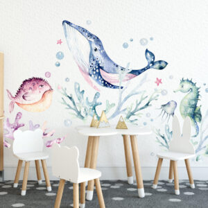 Large watercolor blue whale and ethereal purple jellyfish nursery wall decals