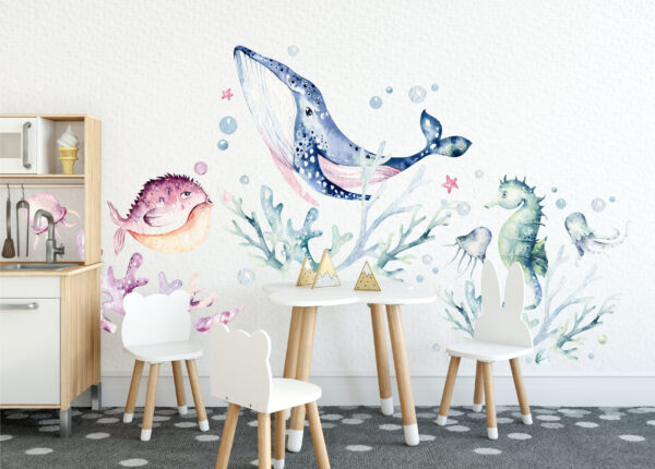 Large watercolor blue whale and ethereal purple jellyfish nursery wall decals