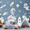 Watercolor astronaut floating among colorful planets and stars nursery wall decals