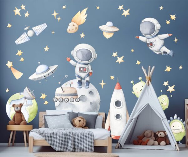 Watercolor astronaut floating among colorful planets and stars nursery wall decals