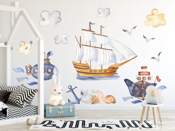 Sea World Wall Decals – Pirate Ship, Submarine & Sailing Boat