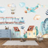 Watercolor vintage airplanes and hot air balloons with clouds wall decal set