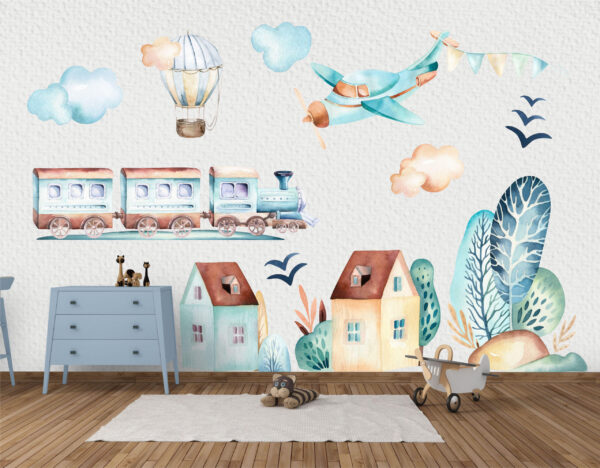 Watercolor vintage airplanes and hot air balloons with clouds wall decal set