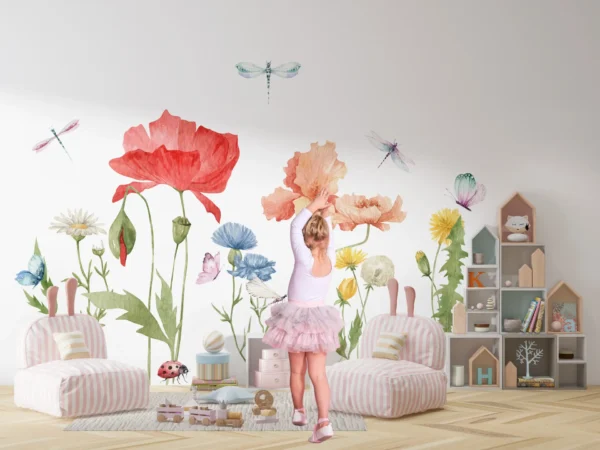 Meadow Wall Decal: Reusable Fabric Decals for Nursery with Flowers