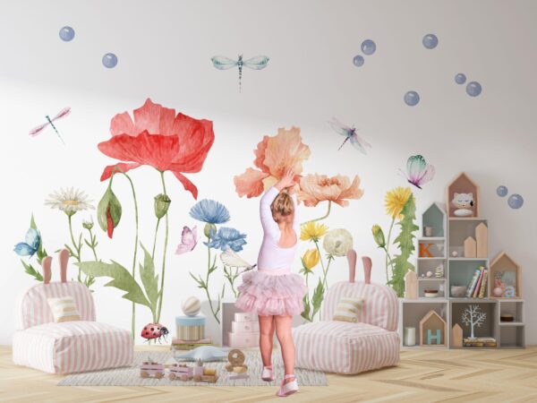 Meadow Wall Decal: Reusable Fabric Decals for Nursery with Flowers