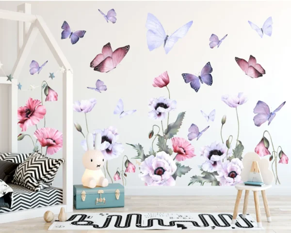 Butterflies and Poppies Wall Decal: Watercolour Poppies Wall Sticker