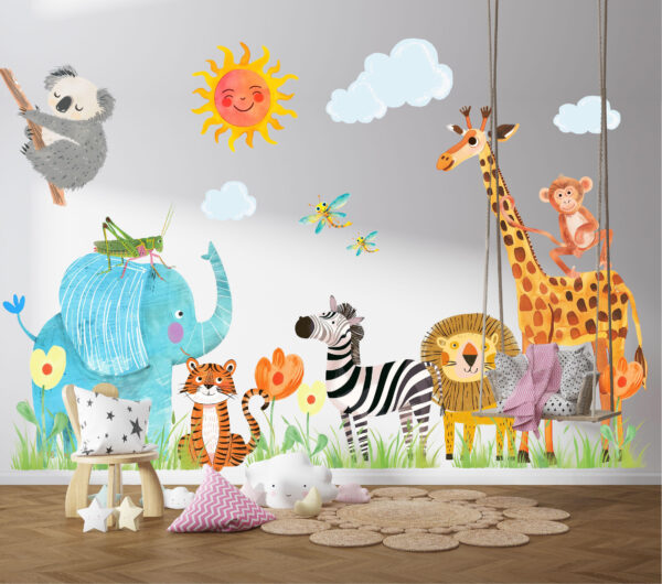 Watercolor Jungle Animals Wall Decal Baby Nursery Tropical Forest Safari Room Stickers