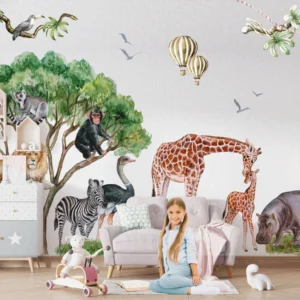 Watercolor safari animals set featuring baby lion giraffe and elephant wall decals