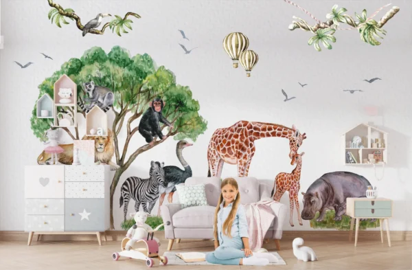 Watercolor safari animals set featuring baby lion giraffe and elephant wall decals