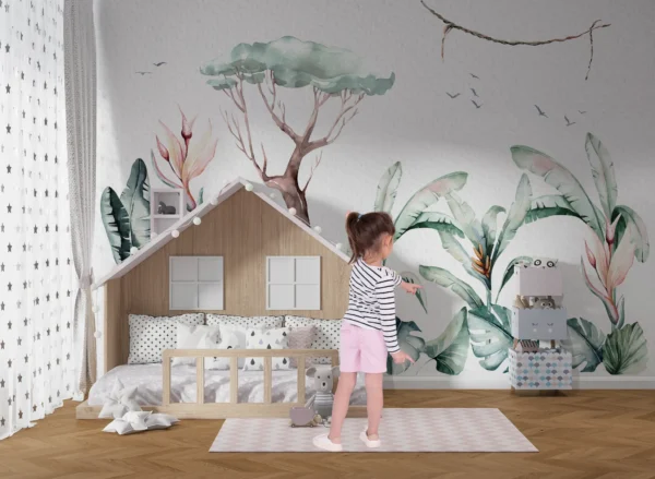 Pre sadu tropických listov (Palm & Monstera): Watercolor tropical palm leaves and monstera foliage fabric wall decals.