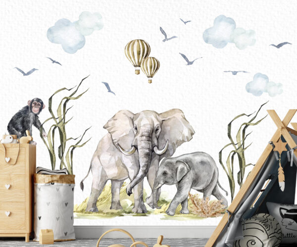 Watercolor Safari Animals Wall Decal Lion Giraffe Elephant Nursery Jungle Room Stickers