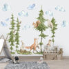 Large watercolor forest tree wall decal with orange fox and red squirrel