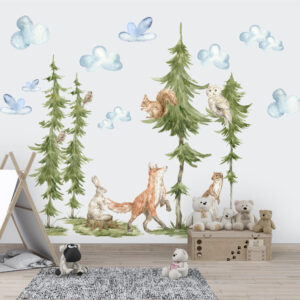 Large watercolor forest tree wall decal with orange fox and red squirrel
