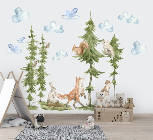 Large watercolor forest tree wall decal with orange fox and red squirrel