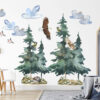 Watercolor forest tree wall decal with cute brown owl on leafy branch