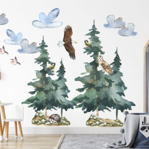 Watercolor forest tree wall decal with cute brown owl on leafy branch