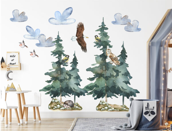 Watercolor forest tree wall decal with cute brown owl on leafy branch