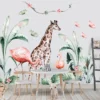 Watercolor tall safari giraffe and pink flamingos with tropical jungle leaves stickers