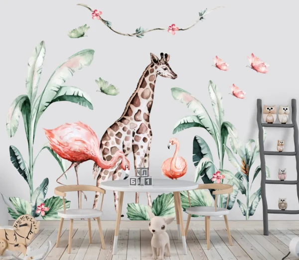 Watercolor tall safari giraffe and pink flamingos with tropical jungle leaves stickers