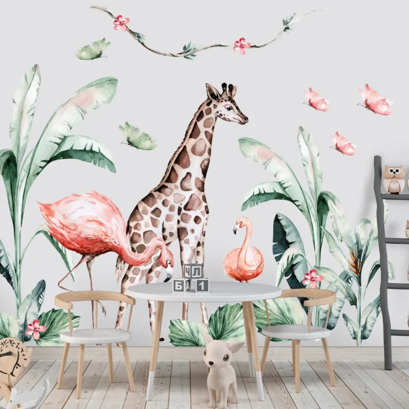 Watercolor tall safari giraffe and pink flamingos with tropical jungle leaves stickers