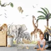Watercolor safari animals set featuring baby lion giraffe and elephant wall decals