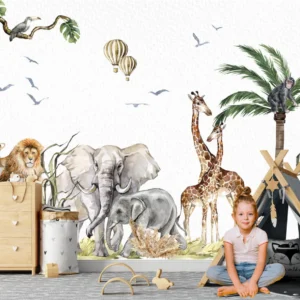Watercolor safari animals set featuring baby lion giraffe and elephant wall decals
