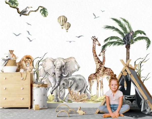 Watercolor safari animals set featuring baby lion giraffe and elephant wall decals