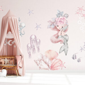 Watercolor mermaid princesses with pink tails and sea shells wall decals