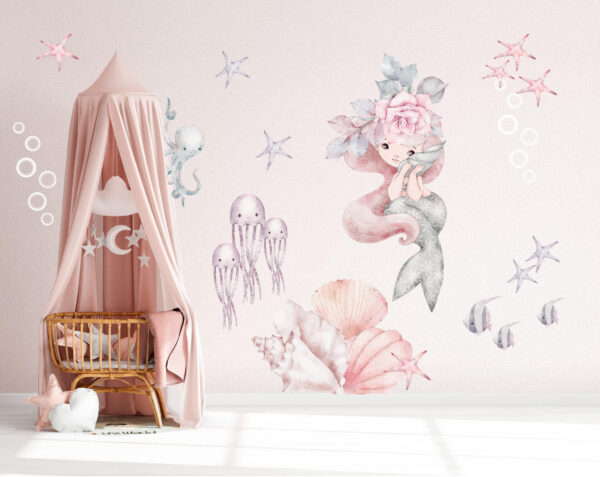 Watercolor mermaid princesses with pink tails and sea shells wall decals