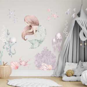 Watercolor mermaid princesses with pink tails and sea shells wall decals